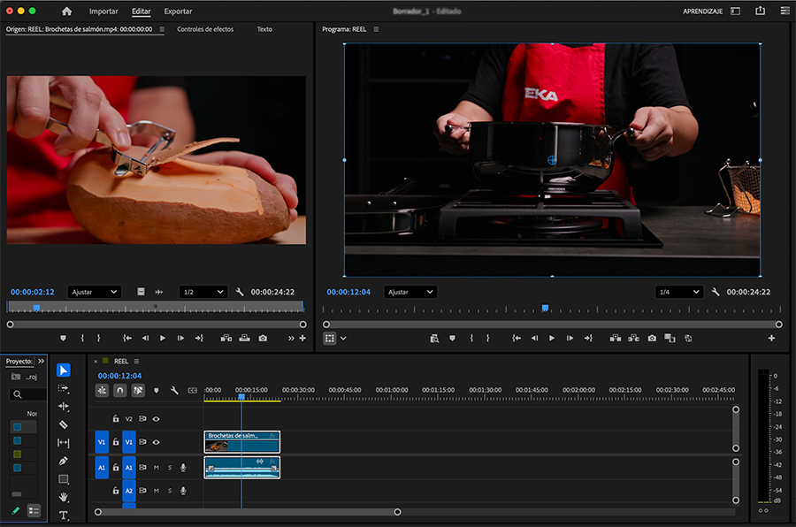 pantalla de Adobe Premiere mosntrando la edición de una receta de Teka