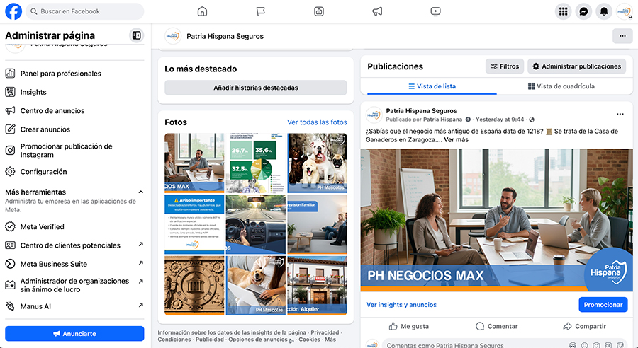 pantalla de gestión del perfil de eta facebook de patria hispana